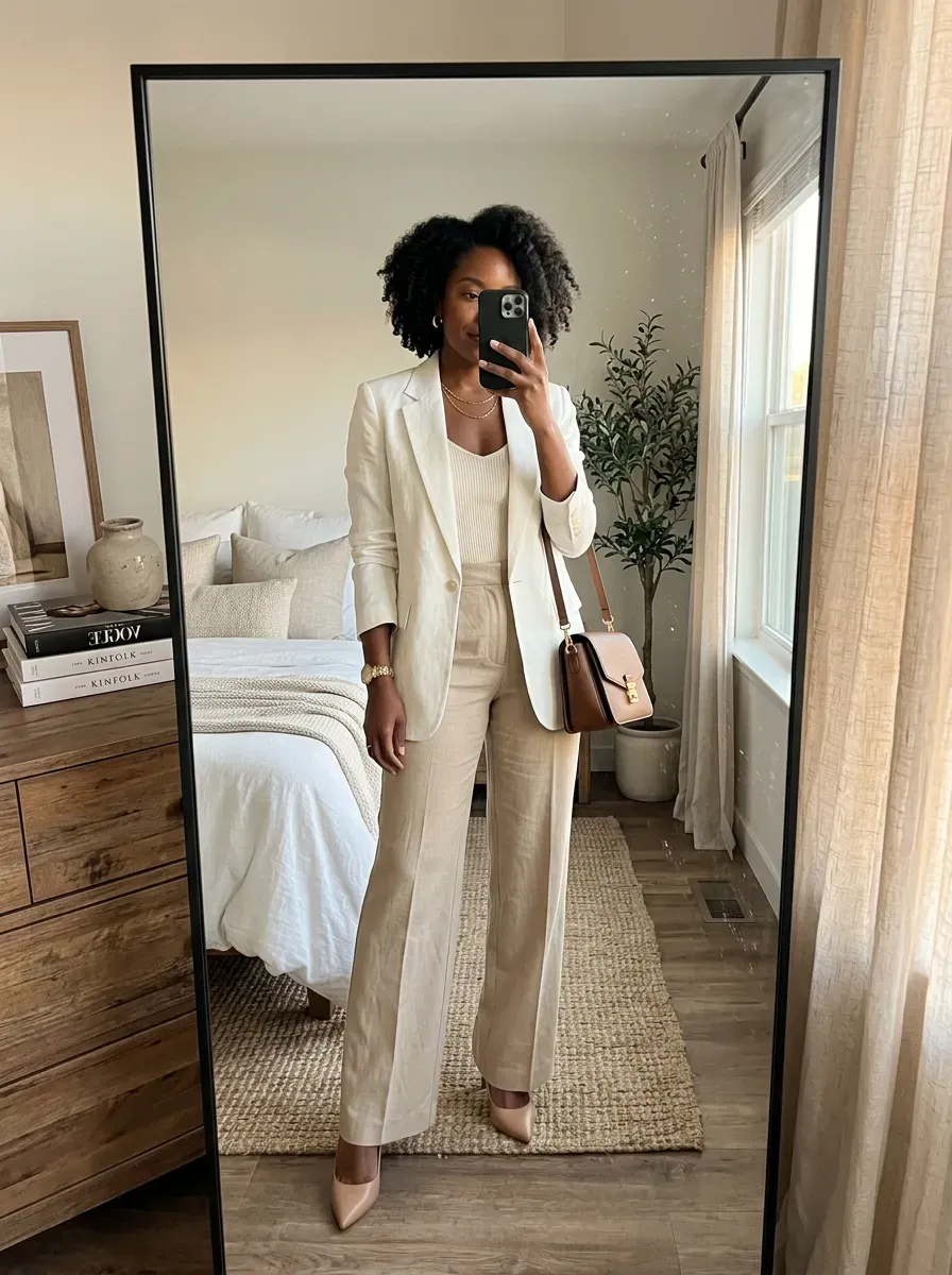 Black woman wearing a white blazer with wide-leg trousers for an elegant classy outfit.