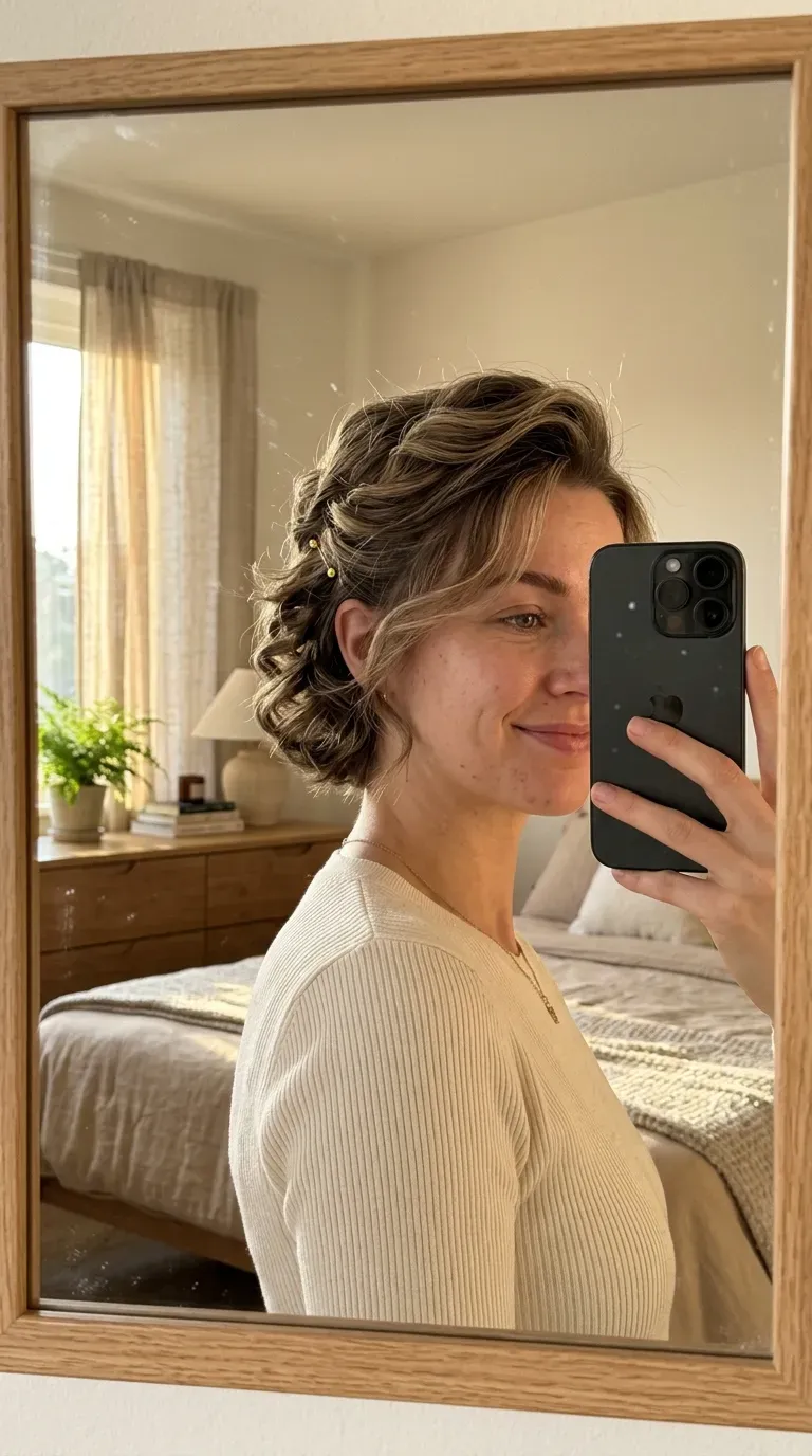 Woman taking an iPhone mirror selfie showing a short hair updo secured with a simple claw clip.