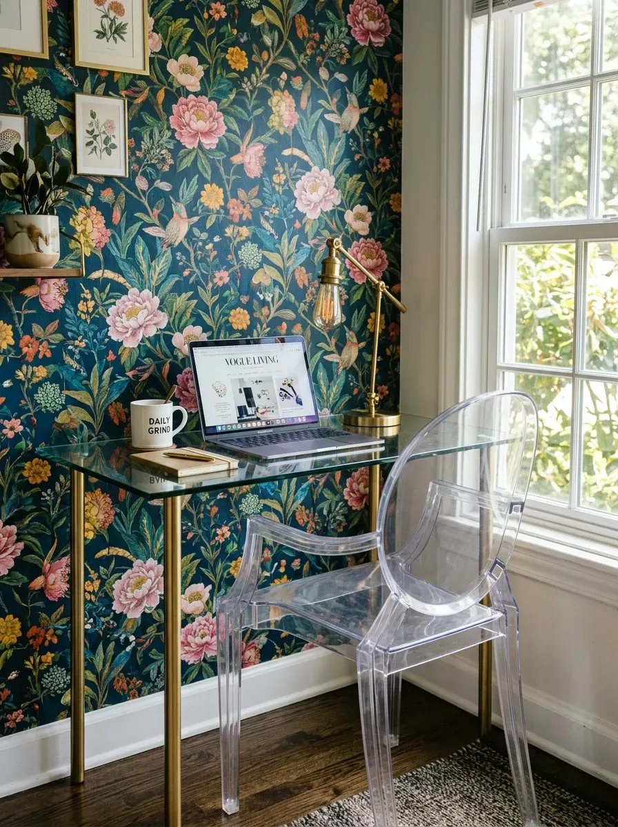 10 Must-Try Tiny Room Ideas That Look Stunning 9 Clear acrylic ghost chair sitting at a small glass desk