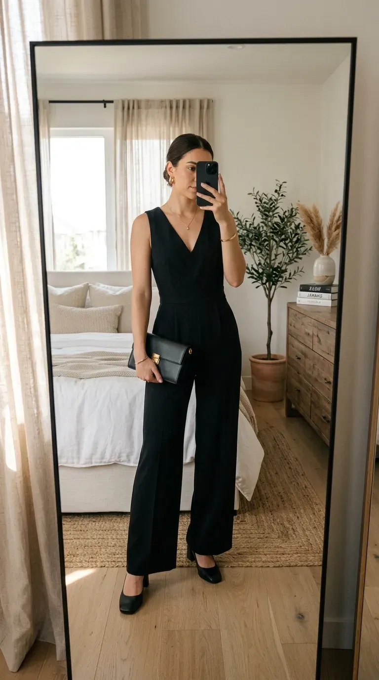 Woman wearing a black jumpsuit with heels for a classy club night outfit.