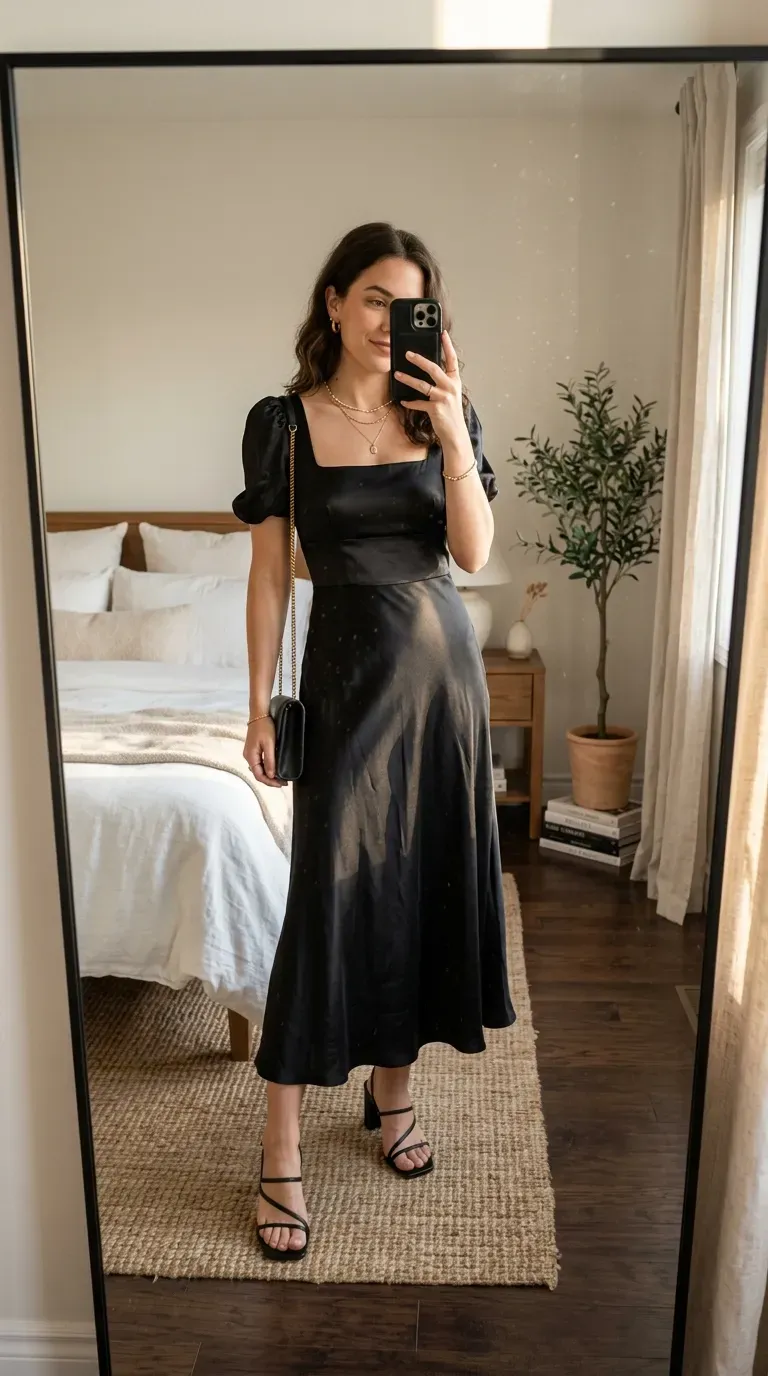 Woman wearing a black satin midi dress with strappy heels for a classy club outfit.