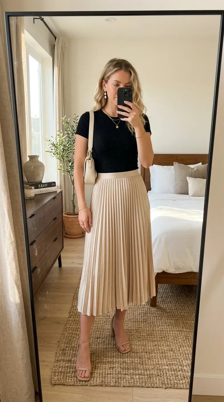 Woman wearing a pleated midi skirt with a fitted bodysuit for a classy club outfit.