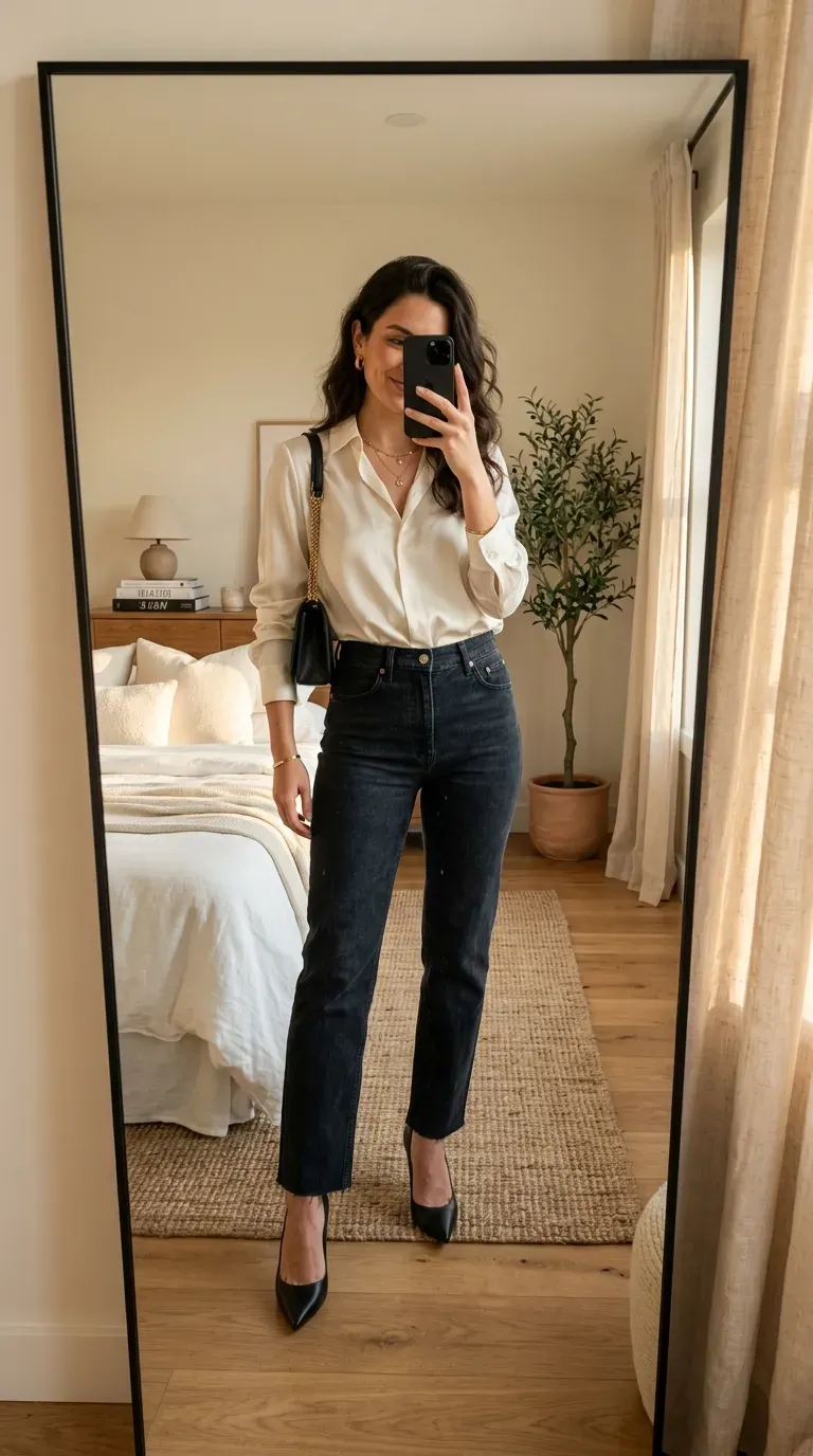 Woman wearing a satin blouse with dark wash jeans for a classy club outfit.