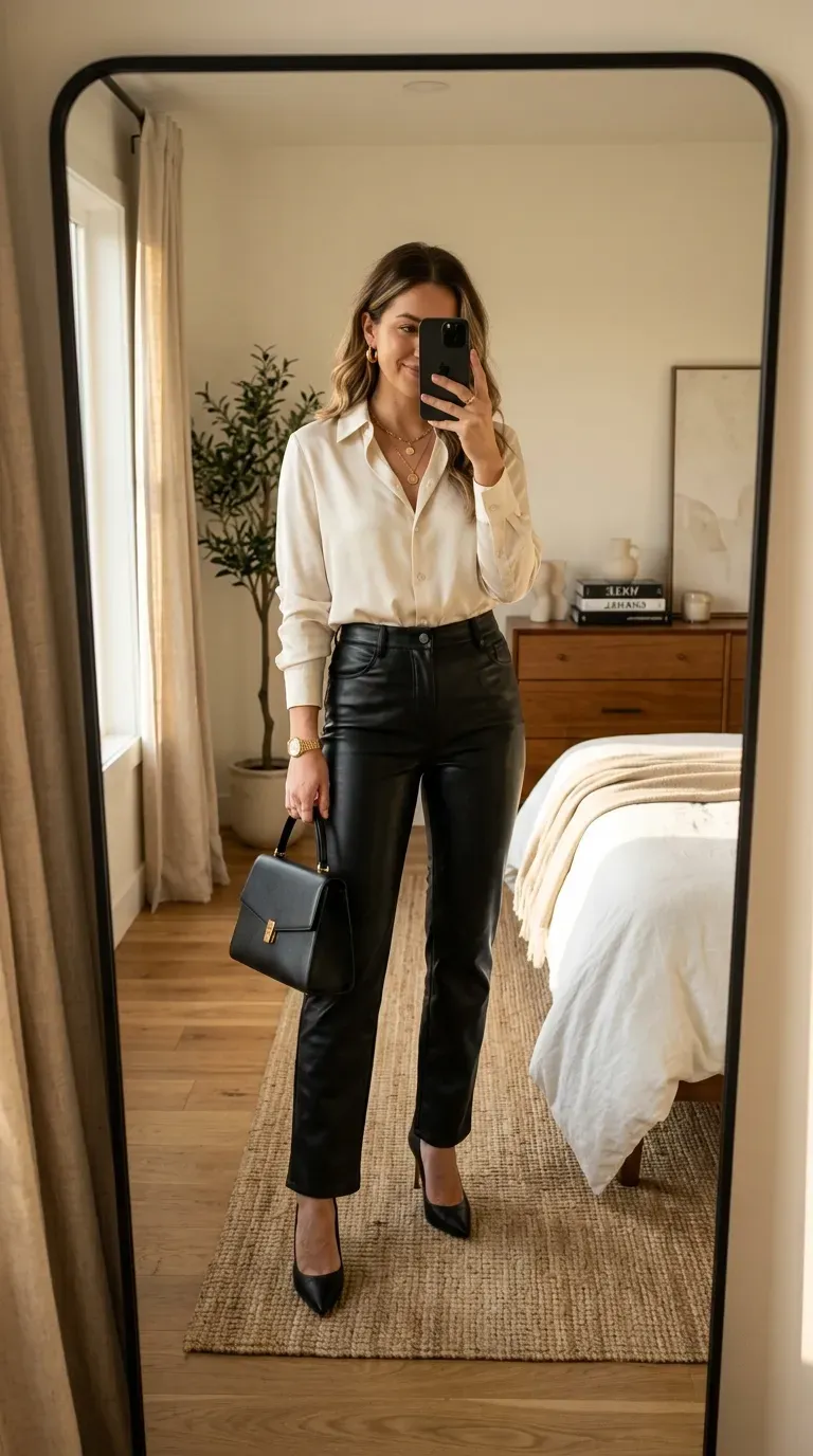 Woman wearing a silk shirt with leather pants for a sophisticated club outfit.