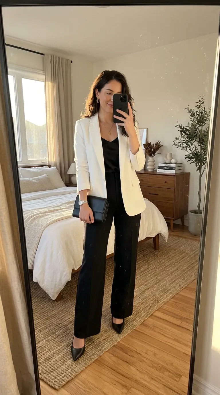 Woman wearing a white blazer with black wide-leg trousers for a sophisticated club outfit.