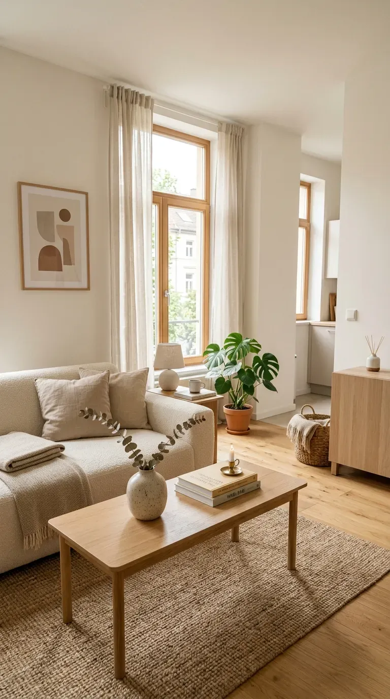 Stylish clutter-free small apartment living room with carefully selected decor and organized storage.