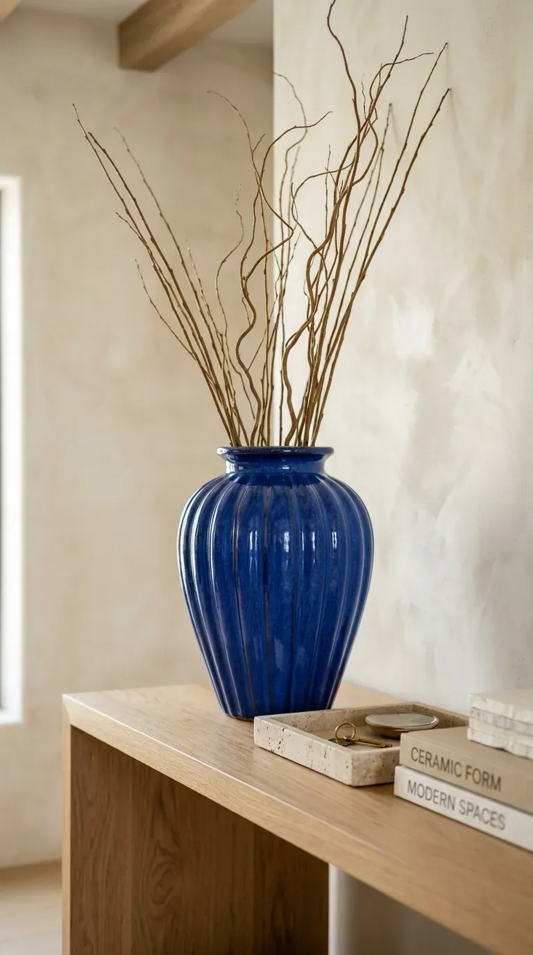 10 Trending Bold Home Decor Pieces to Style in 2026 2 oversized cobalt blue fluted ceramic urn on a natural oak entryway console