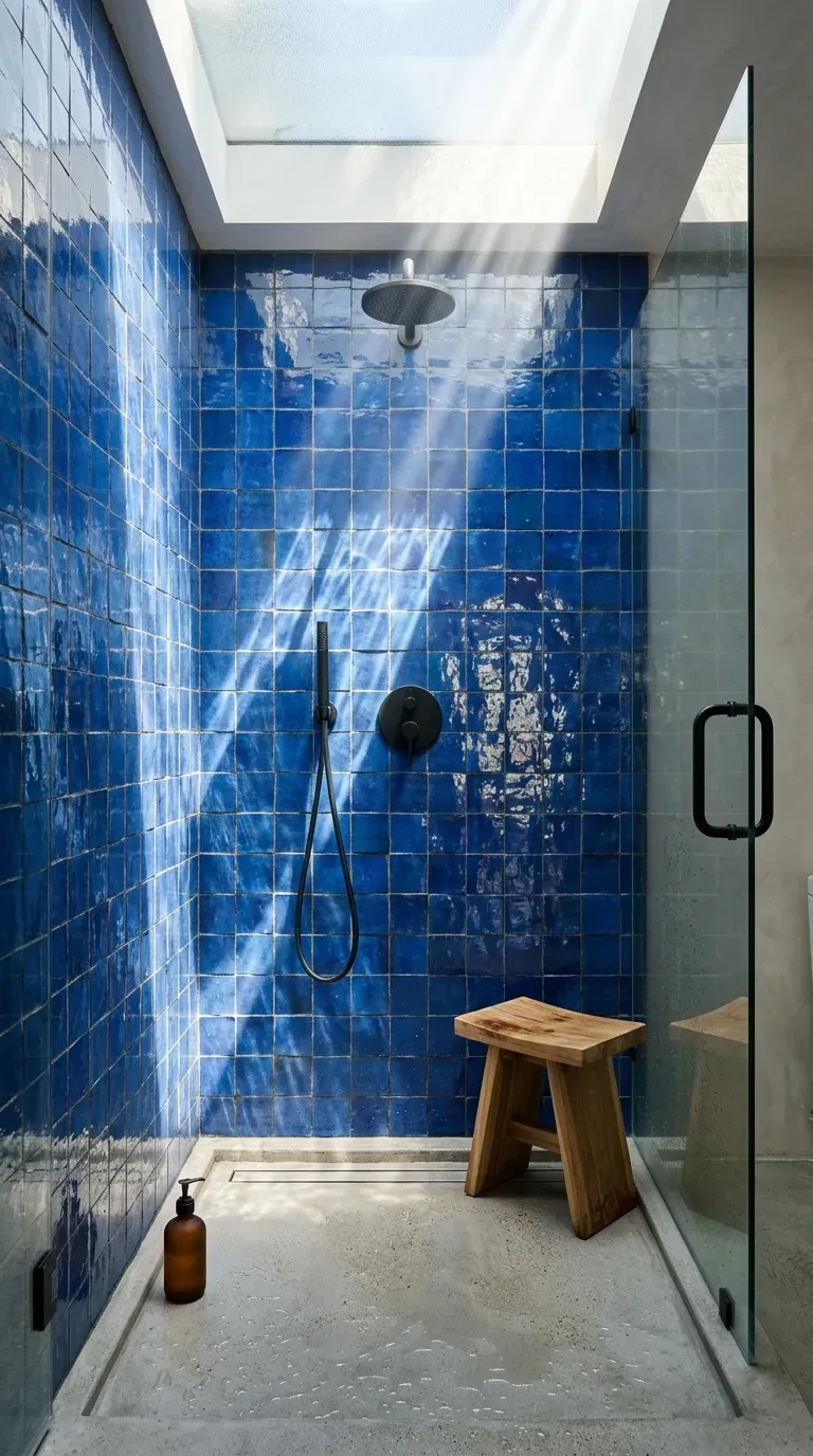 15 Genius Blue Tile Bathrooms You Need to Try 3 Glossy, imperfect cobalt blue Zellige tiles in a bright modern shower