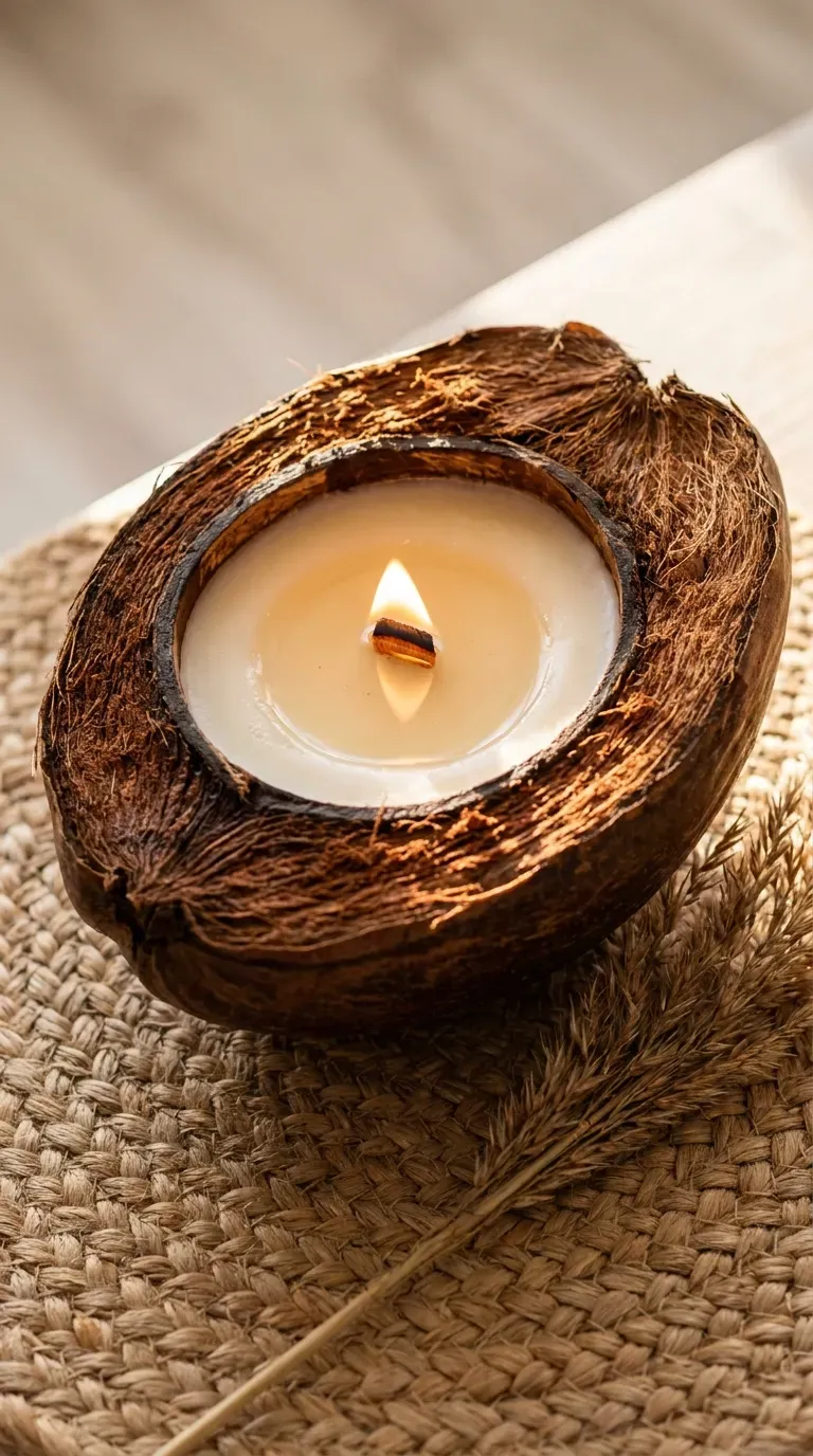 10 Modern DIY Soy Candle Ideas That Are Big in 2026 11 natural coconut half shell soy candle with crackling wood wick on a jute placemat