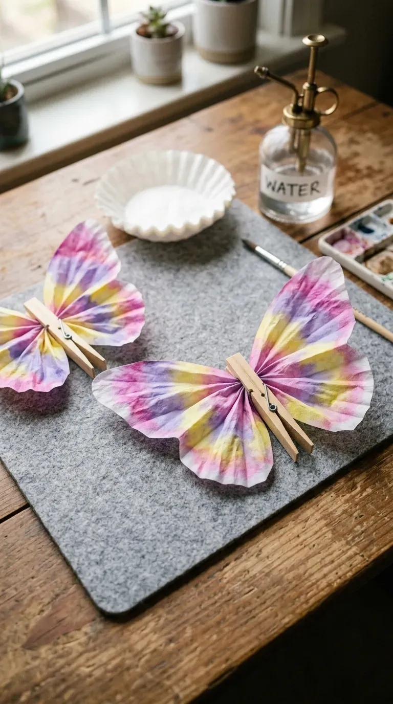 colorful tie-dye coffee filter watercolor butterfly with wooden clothespin body