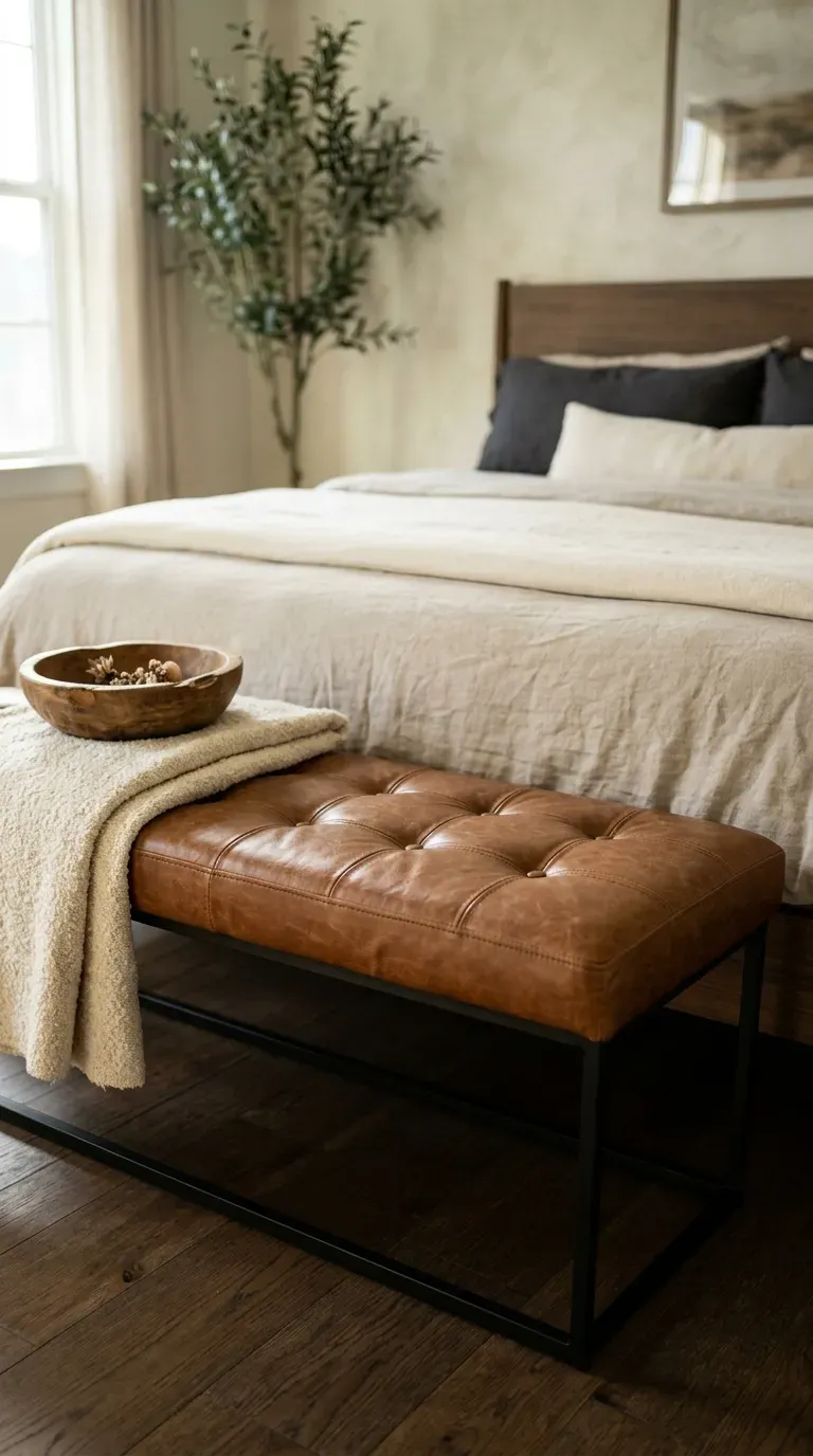 13 Genius Brown Bedroom Ideas You Will Want to Copy ASAP 5 cognac brown leather bench styled at the foot of a bed with a bouclé throw