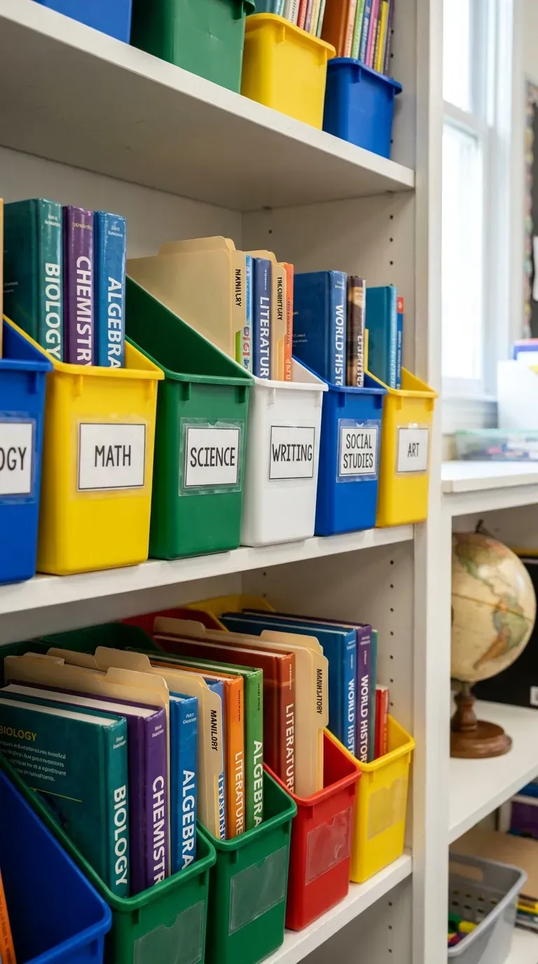 13 Genius Homeschool Room Ideas You Will Want to Copy ASAP 12 row of colorful interlocking plastic book bins neatly labeled on a white wooden shelf