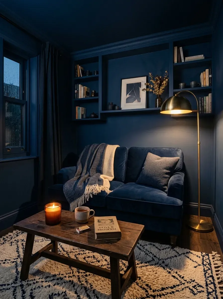 10 Must-Try Tiny Room Ideas That Look Stunning 5 Tiny cozy living room color-drenched completely in deep navy blue