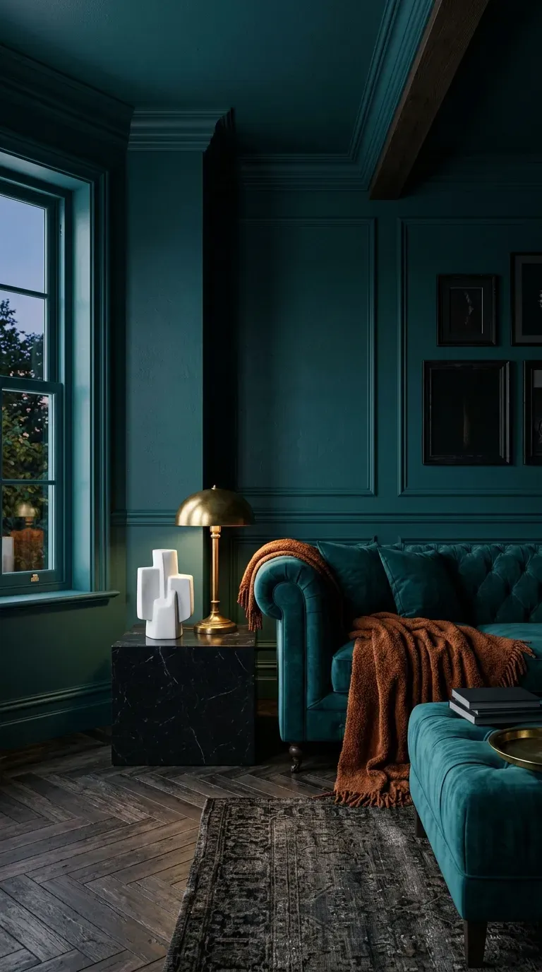 Color drenched living room painted entirely in rich, dark teal