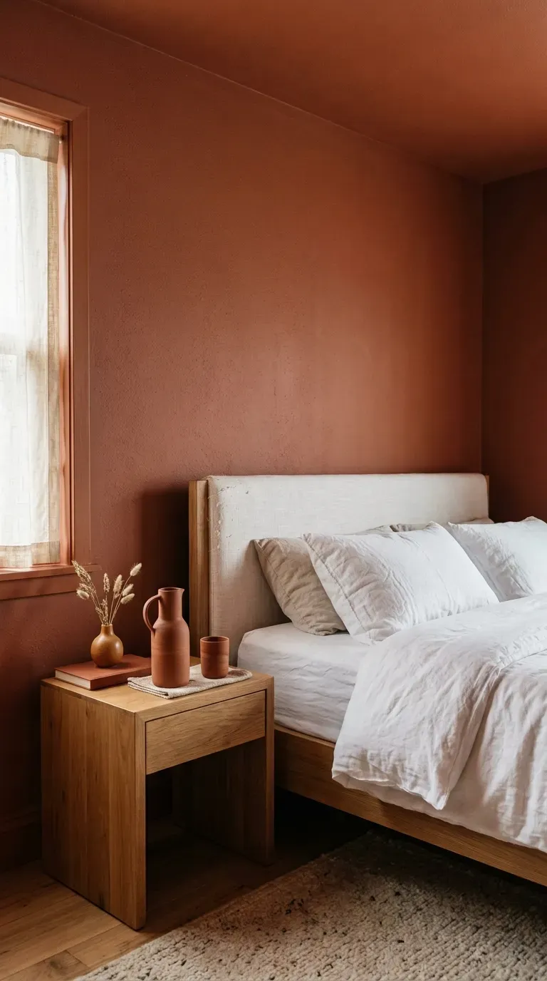 bedroom walls and ceiling color drenched in rich matte terracotta paint