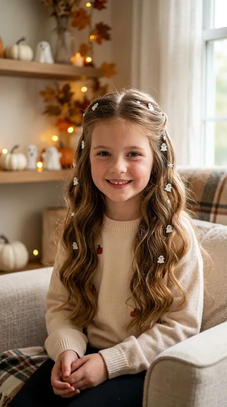 Halloween Hairstyles for Kids: 10 Cute and Spooky Ideas 5 Girl wearing colorful bubble braids decorated with orange and purple Halloween ribbons.