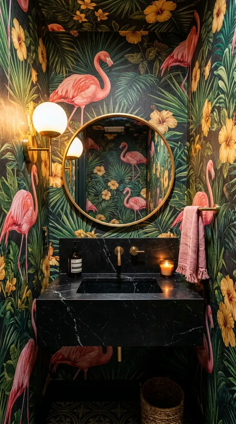 Vibrant tropical botanical wallpaper in a colorful powder room setting