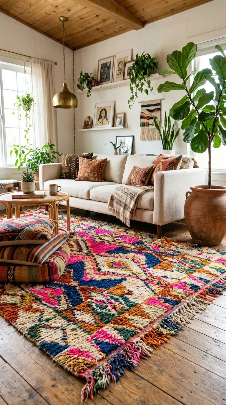 Vibrant, multi-colored Moroccan rug anchoring a boho living room