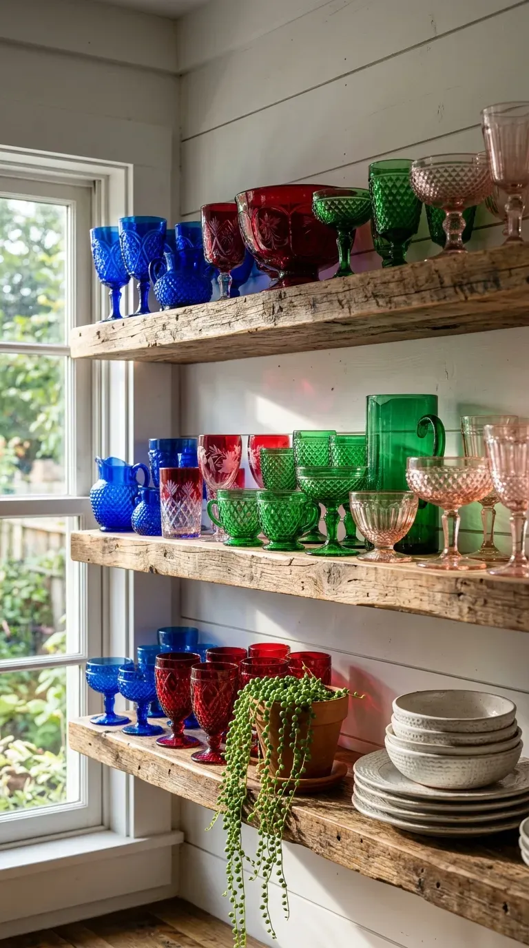 Rainbow collection of vintage glassware styled on rustic open wooden shelves