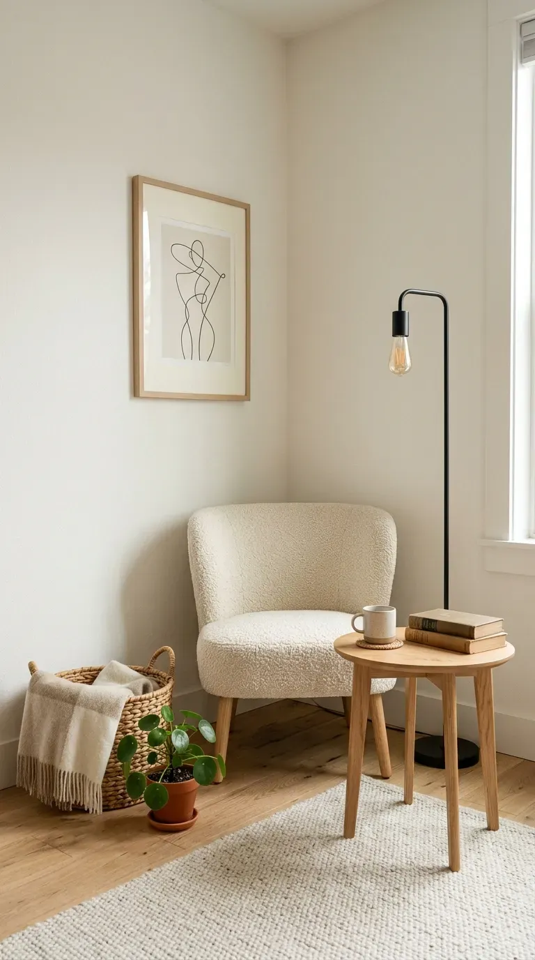 Small apartment corner styled with compact accent chair side table floor lamp and plant.
