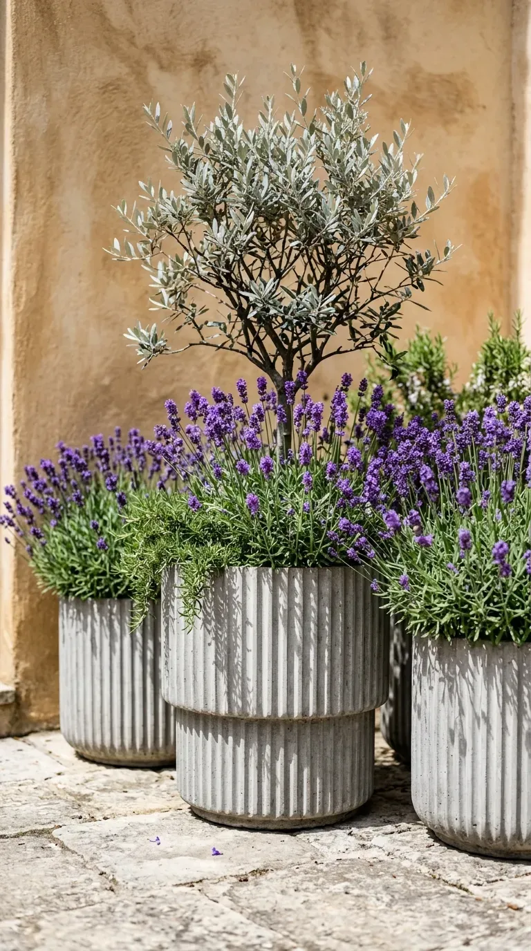 trio of fluted concrete planters of varying heights holding an olive tree and lavender