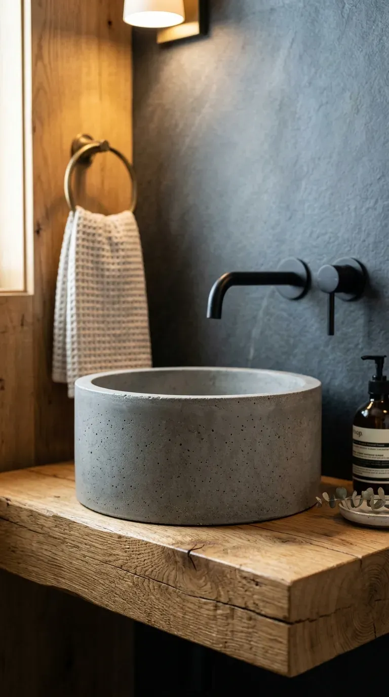 charcoal concrete vessel sink sitting on a rough sawn oak floating vanity