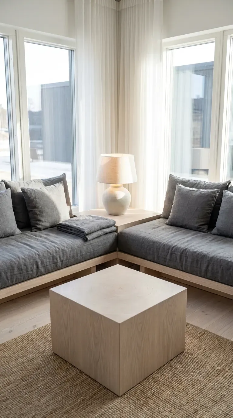 two wooden twin daybeds arranged in an L shaped corner configuration with corner table
