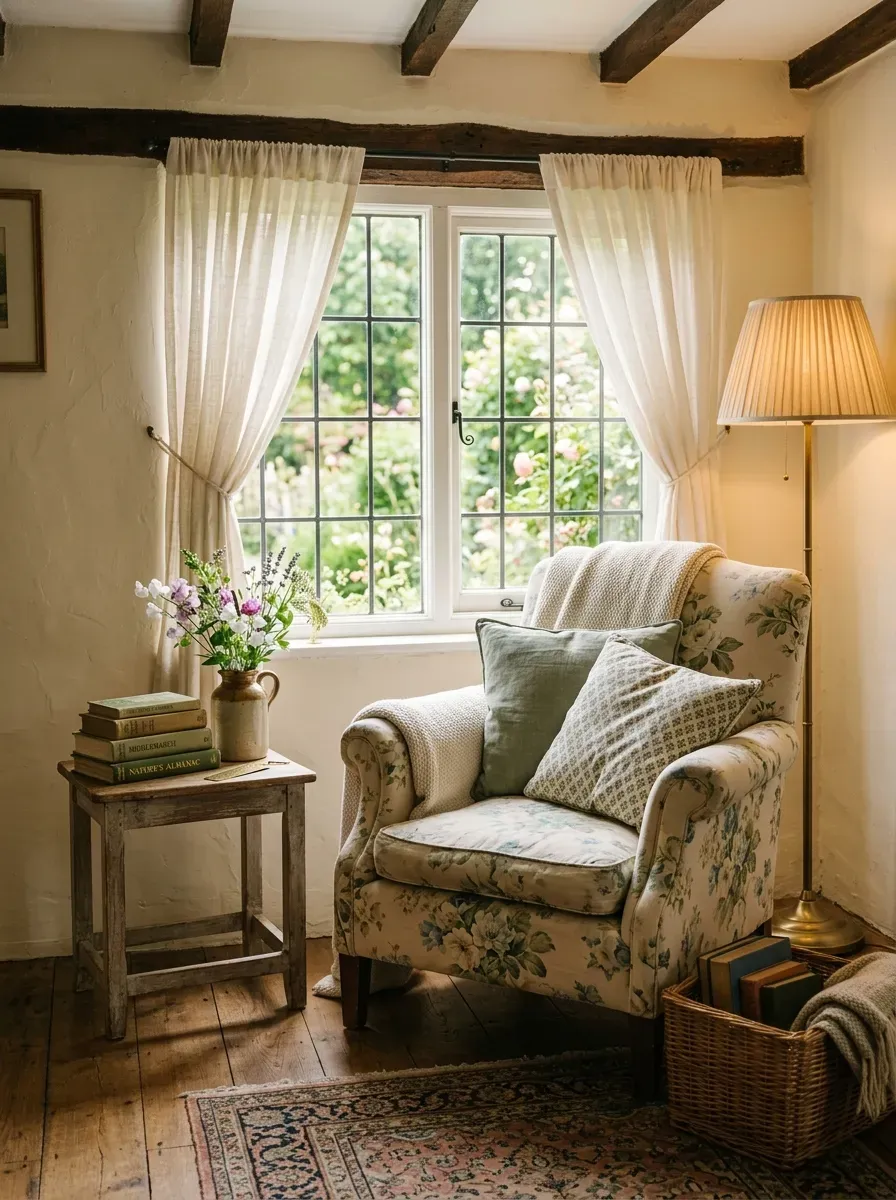 Charming cottage reading nook with floral chair cushions books and natural wood details.