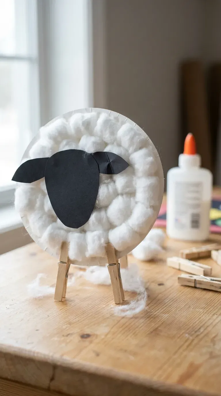 12 Cute Paper Plate Crafts That Are Super Fun and Easy 3 fluffy cotton ball paper plate sheep with wooden clothespin legs standing on a table