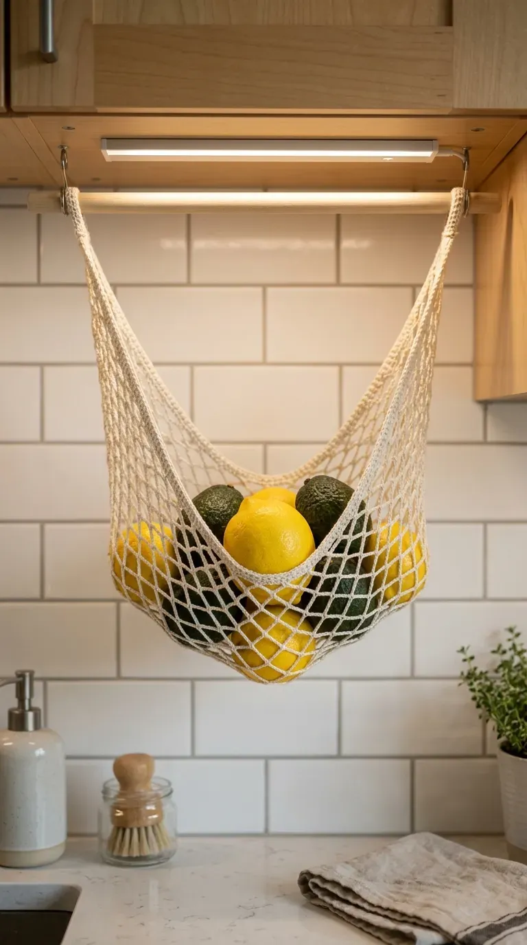 under cabinet crochet fruit hammock holding fresh lemons and limes in a kitchen
