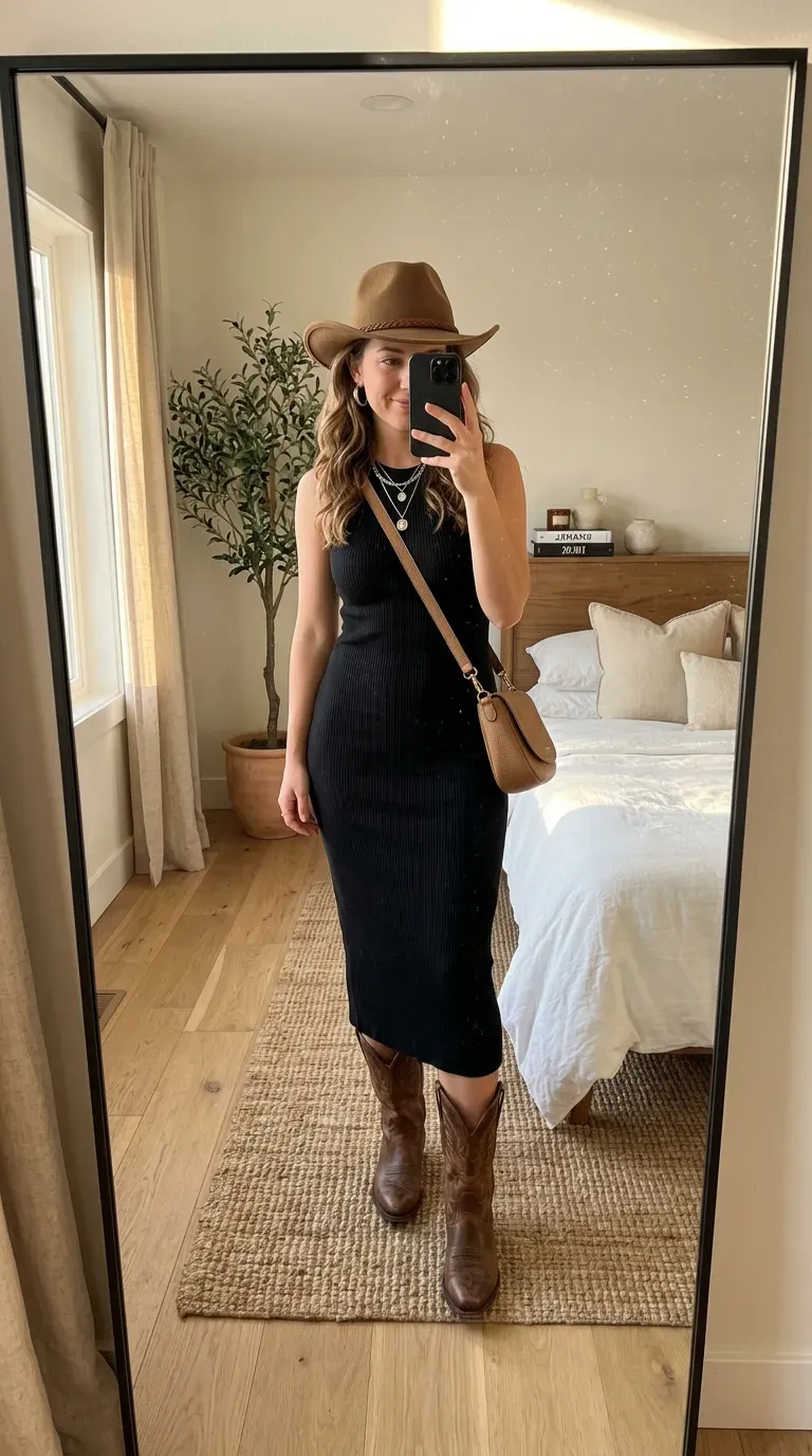 Woman wearing a black midi dress with western boots for a country concert.