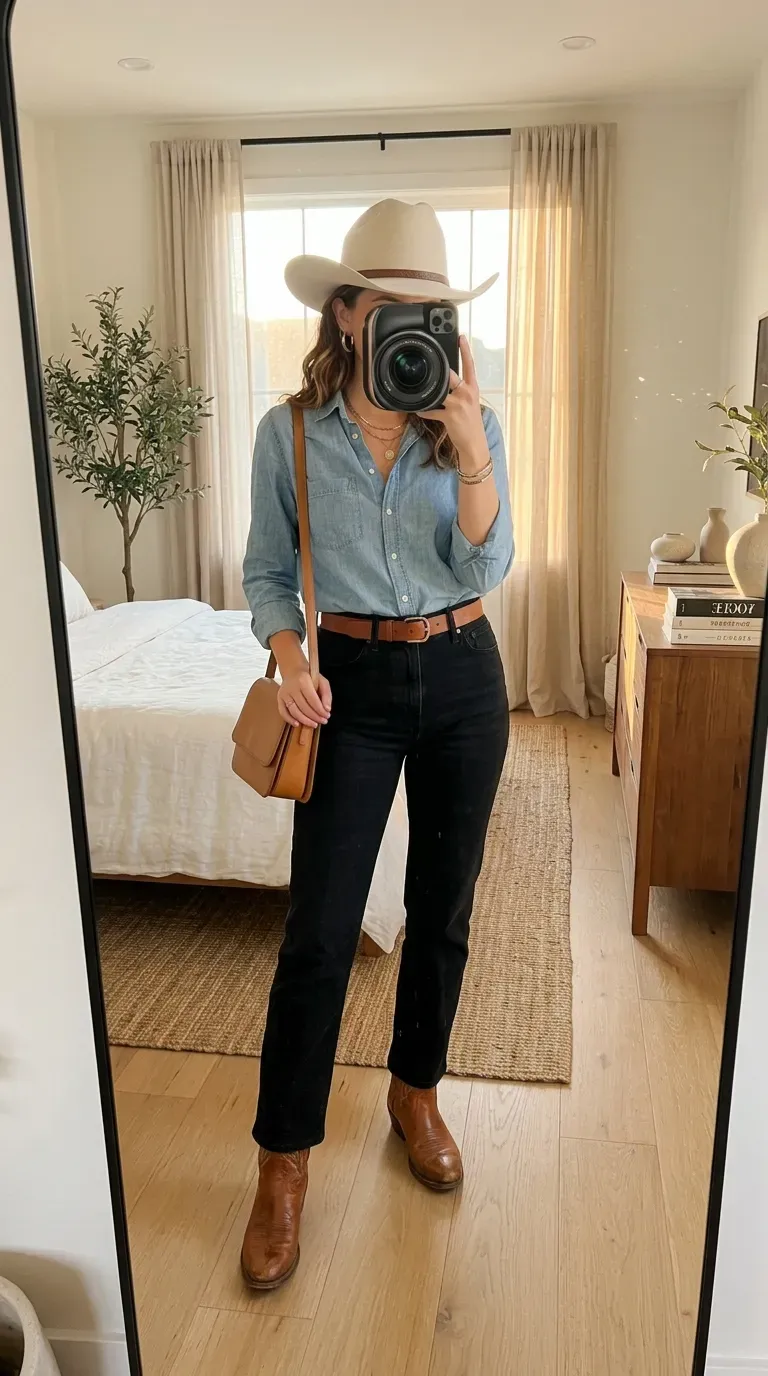 Woman wearing a chambray shirt with black jeans and western boots for a country concert.