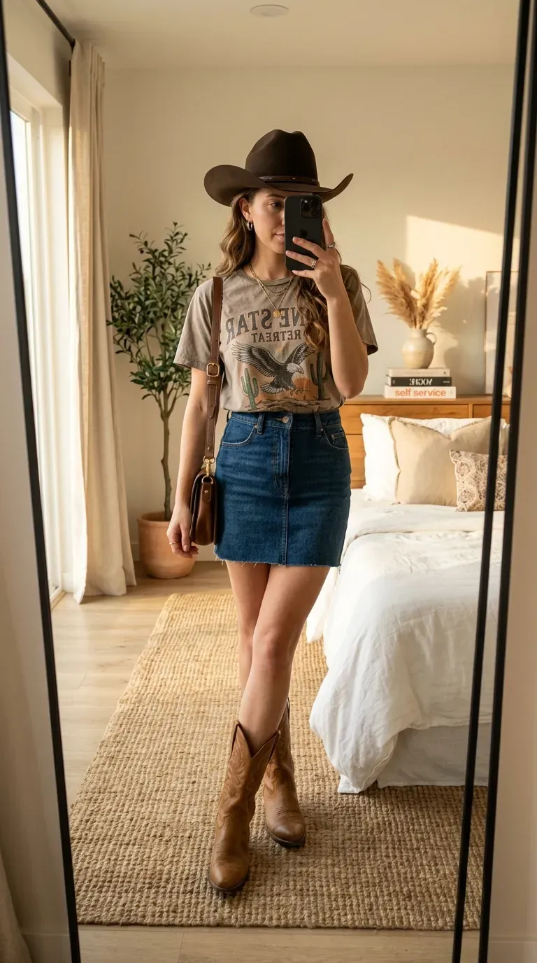 Woman wearing a denim mini skirt with a graphic tee and cowboy boots for a country concert.