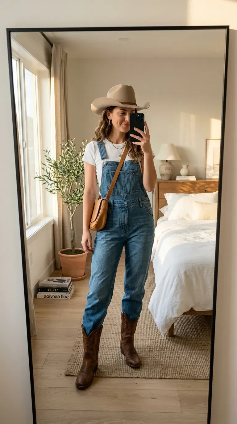 Woman wearing denim overalls with a basic tee and cowboy boots for a casual country concert outfit.
