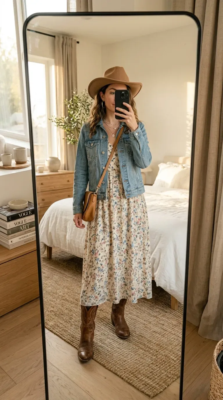 Woman wearing a floral maxi dress with a denim jacket and cowboy boots for a country concert.