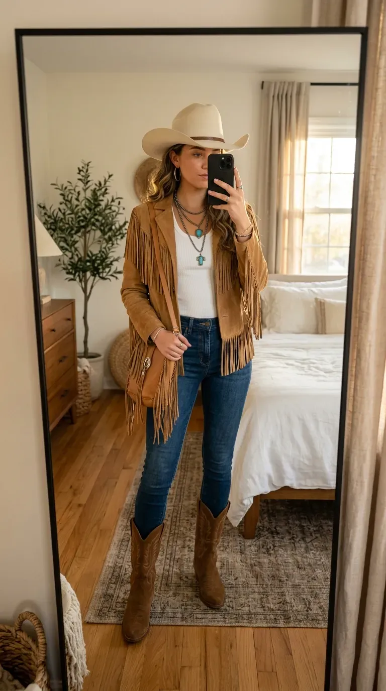 Woman wearing a fringe jacket with skinny jeans and cowboy boots for a country concert outfit.