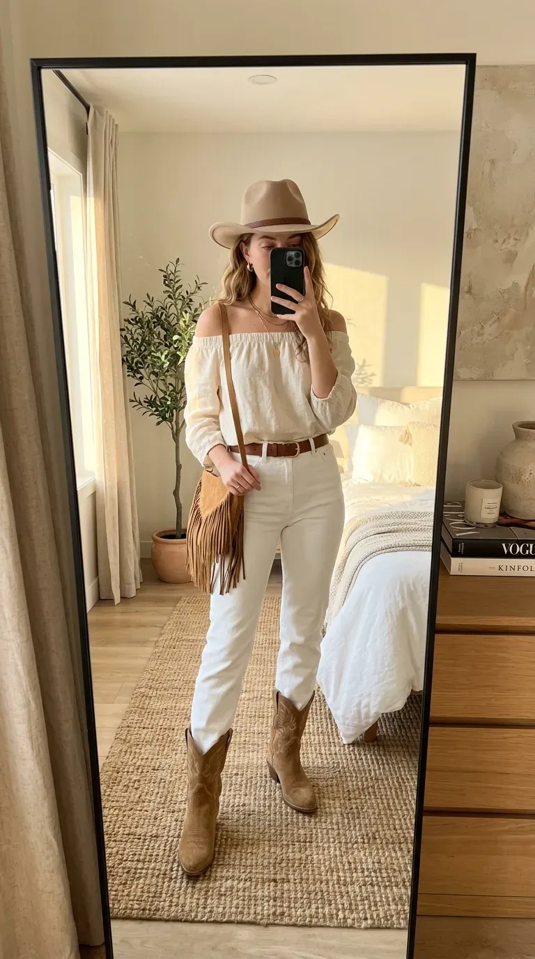 Woman wearing an off-the-shoulder top with white jeans and cowboy boots for a country concert.