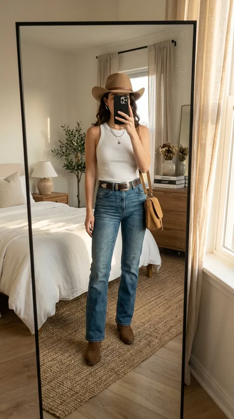 Woman wearing a white tank top with bootcut jeans and cowboy boots for a country concert.