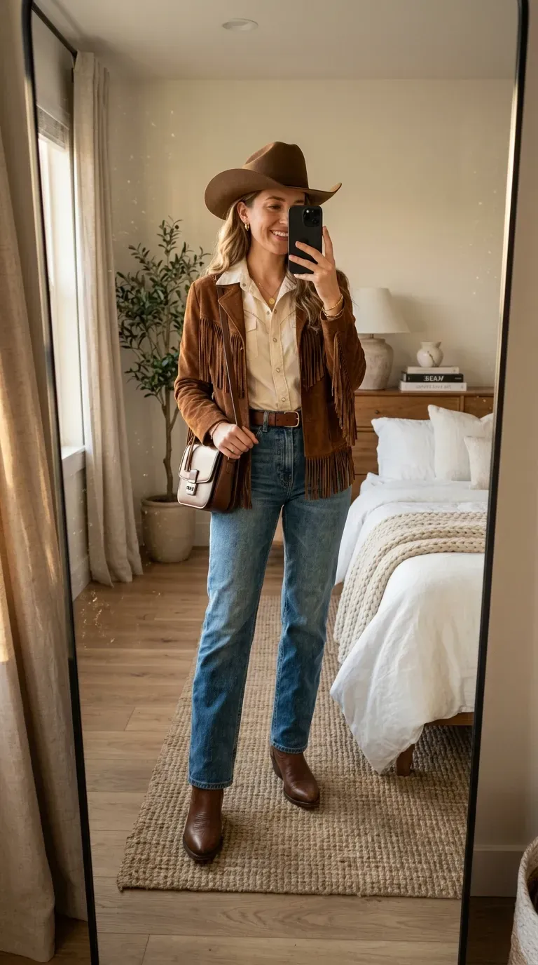 Woman wearing chic cowgirl Halloween outfit with denim boots hat and accessories.