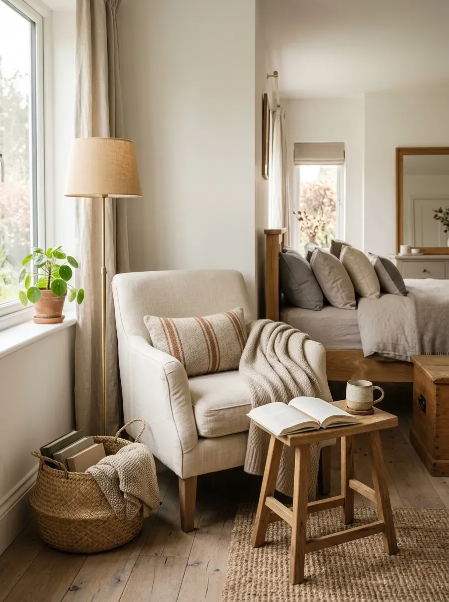 Bedroom reading nook with upholstered chair floor lamp small table and layered textiles.