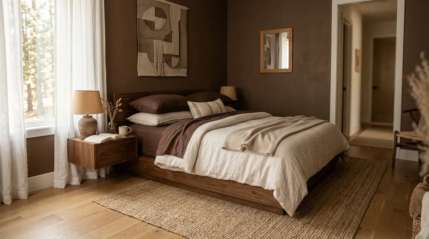 wide view of a cozy modern bedroom decorated in warm chocolate and caramel tones
