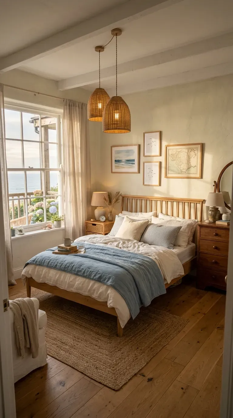 Coastal Cottage Design: 10 Stylish Ideas to Create a Relaxed Seaside Home 9 Cozy coastal cottage bedroom with layered white bedding natural wood furniture and soft blue accents.