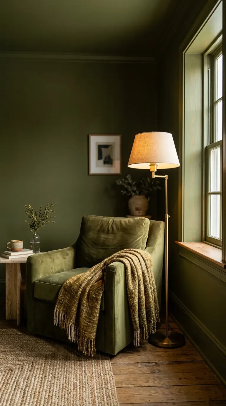 cozy small living room fully color drenched in deep olive green with matching velvet armchair