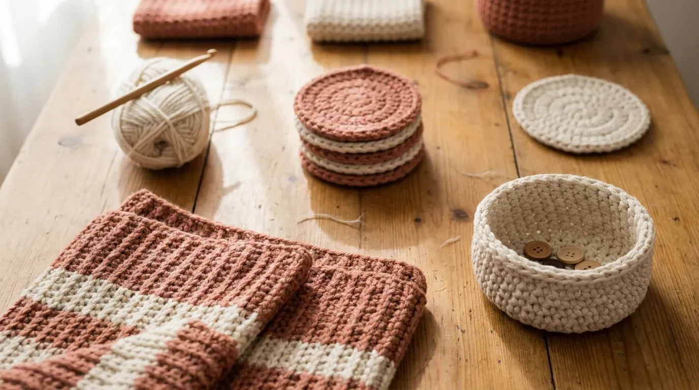collection of handmade crochet gifts styled on a wooden table with yarn