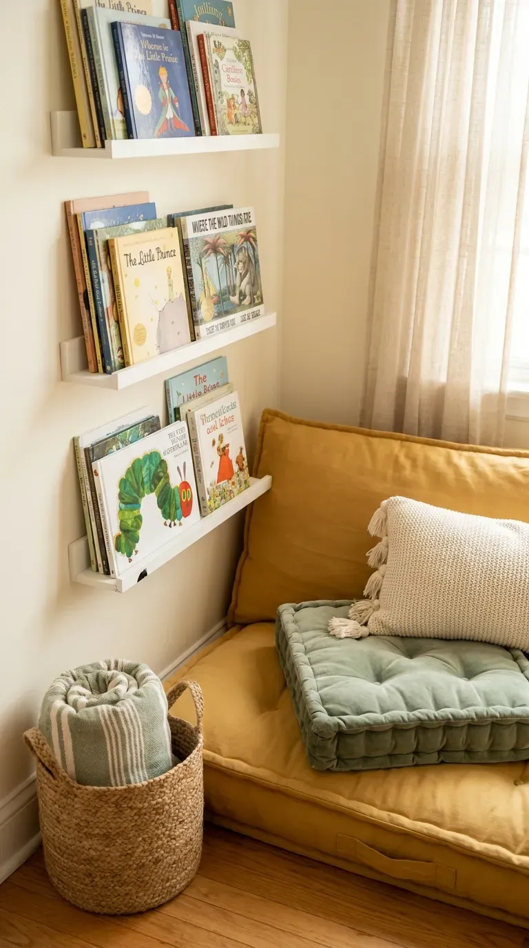 13 Genius Homeschool Room Ideas You Will Want to Copy ASAP 4 cozy homeschool reading nook with floating book ledges and plush floor cushions