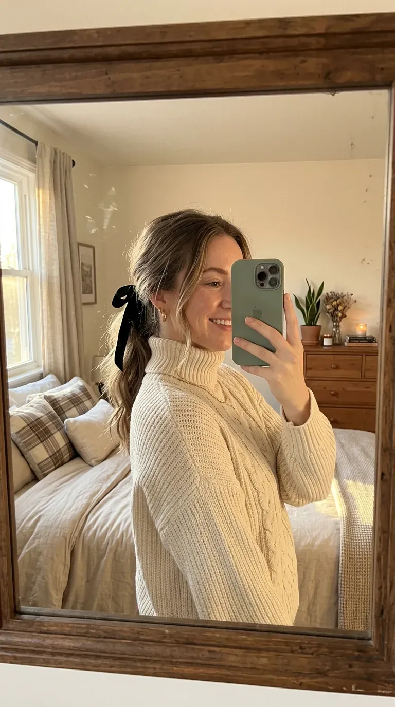 11 Winter Hairstyles for Women That Look Cozy, Chic, and Stylish 11 Woman taking an iPhone mirror selfie showing a relaxed low ponytail with soft winter styling.