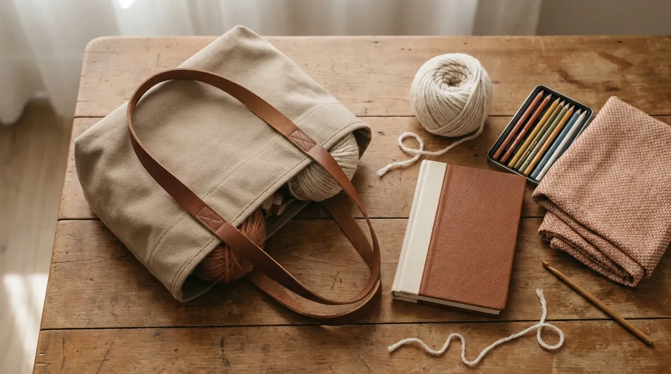 collection of craft supplies and a tote bag styled for a day outing