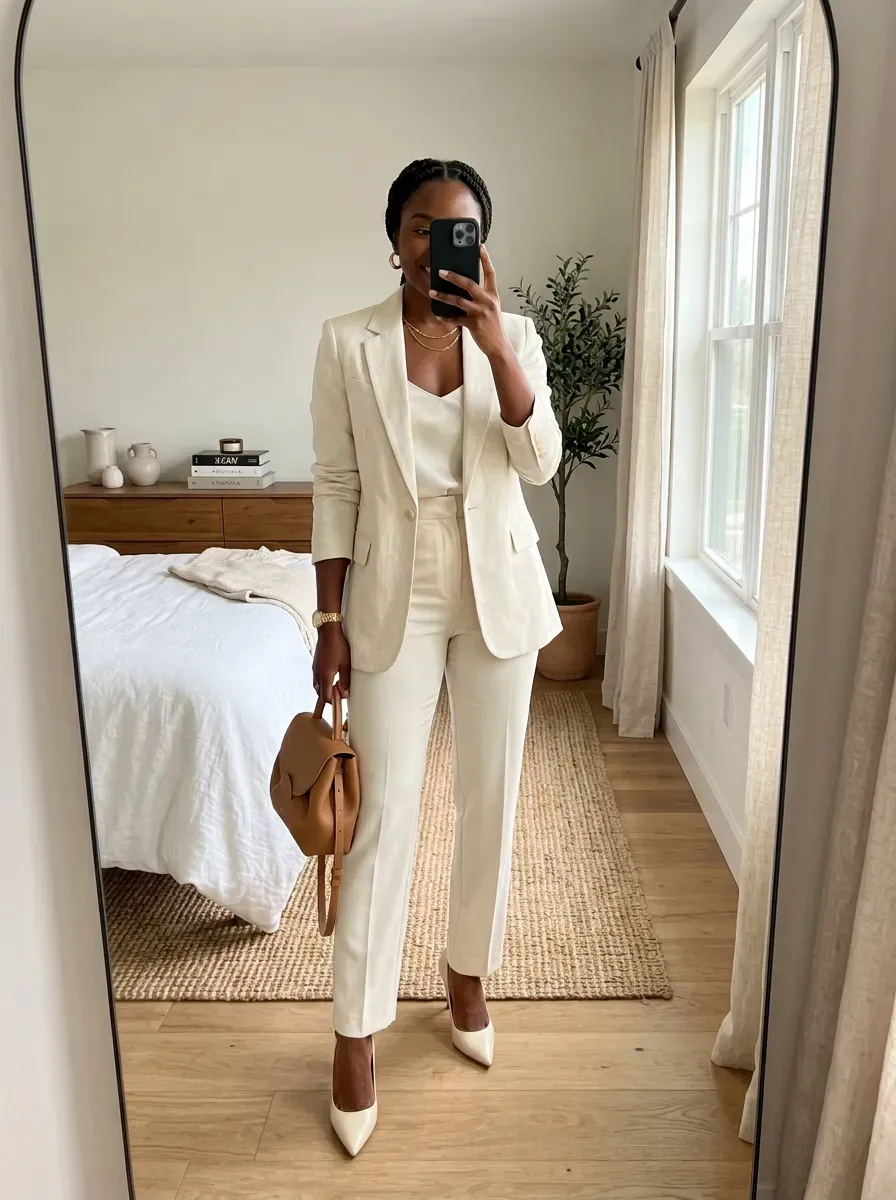 Black woman wearing a monochrome cream suit with heels for an elegant sophisticated outfit.