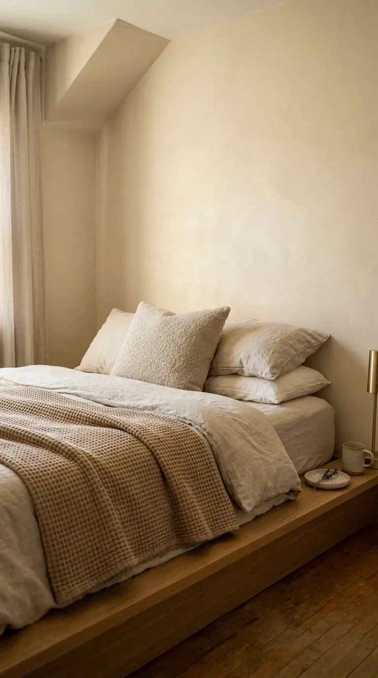 cozy monochromatic bedroom painted in warm creamy oatmeal tones with layered bedding