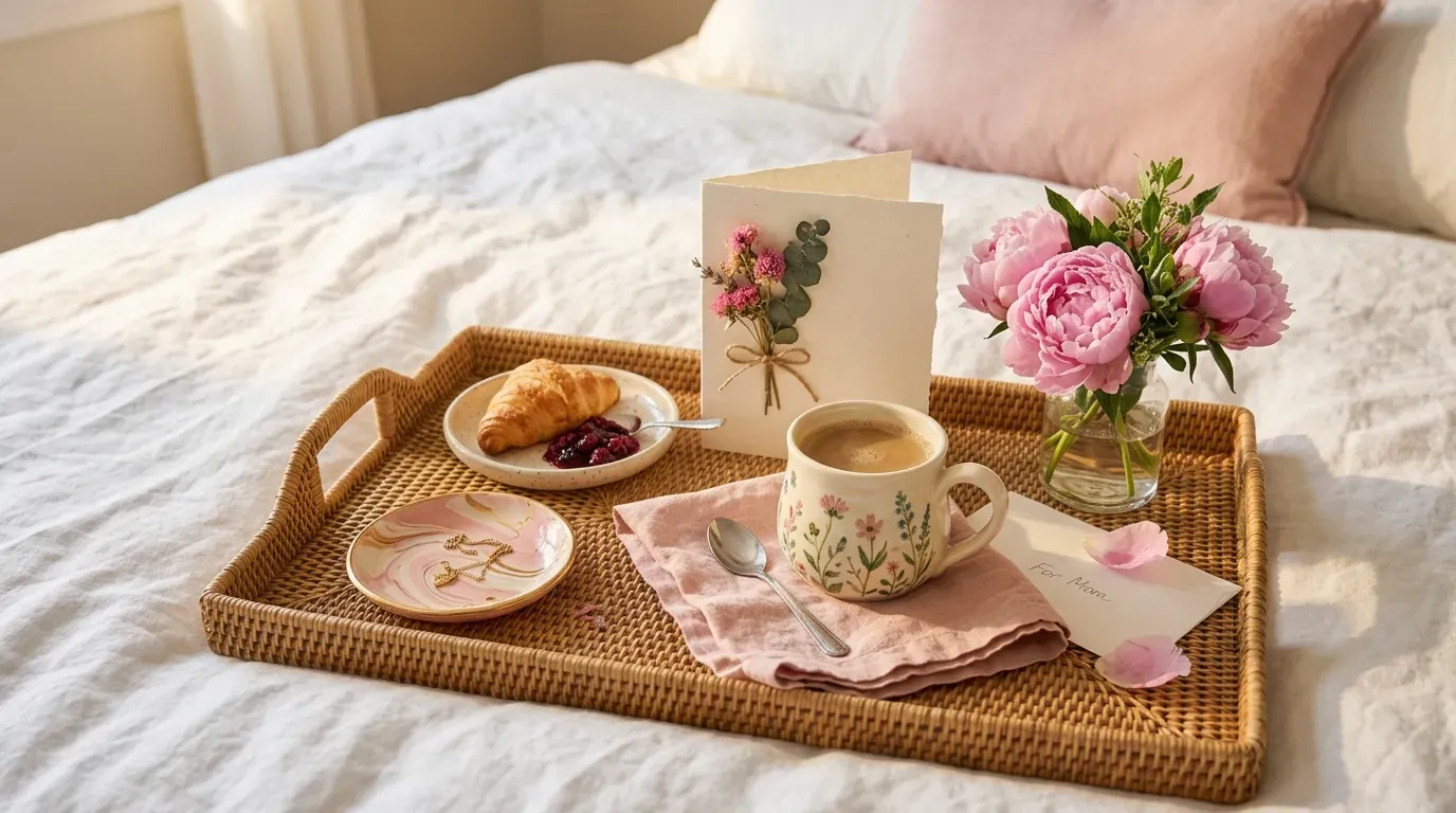 breakfast in bed tray styled with handmade kids Mother's Day crafts, card, and flowers